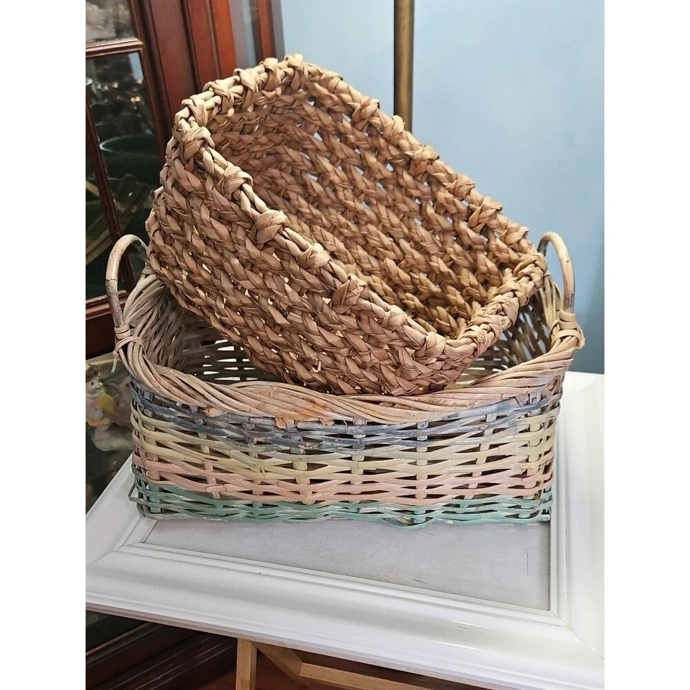 Woven Natural and Pastel Rectangular Storage Basket Set